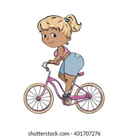 Girl is riding bike. vector illustration