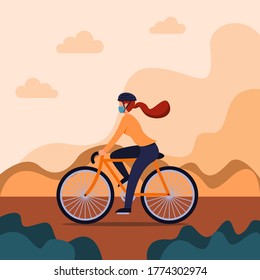 Girl riding a bike while wearing a face mask to protect herself from corona virus. Flat style vector illustration of people doing activity outside during new normal after pandemic covid-19.