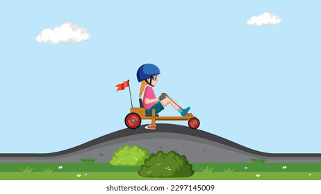 Girl riding Billy cart on outdoor scene illustration