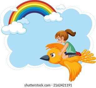 A girl riding a bird flying in sky banner illustration