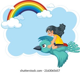 A girl riding a bird flying in sky banner illustration