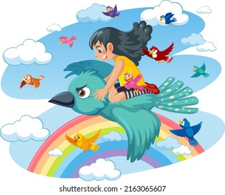 Girl riding a bird on the sky illustration