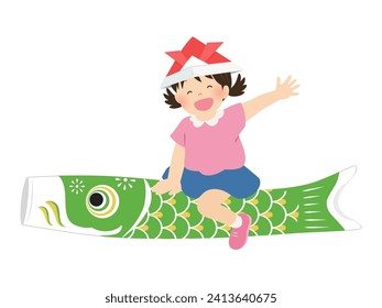 Girl riding a carp streamer_Children's Day image material