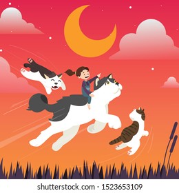 Girl riding a cat Vector Illustration