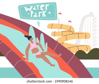 Las chicas que pasean por el tobogán de agua en la piscina se divierten en el parque acuático al aire libre. Los niños pequeños disfrutan deslizándose en el parque acuático. El concepto de actividades de verano para niños. Dibujo vectorial plano de dibujos animados