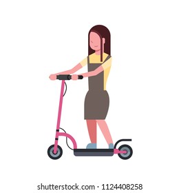 girl riding electric kick scooter over white background. cartoon full length character. flat style vector illustration