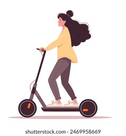 Girl riding electric scooter. Daily routines and everyday activities of young woman spend time walking.Modern transport. Flat cartoon vector illustration.