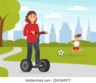 Girl riding electric scooter. Personal urban city transportation. Eco friendly alternative vehicles flat vector