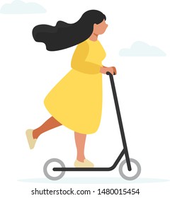 Girl riding electric scooter vector illustration. Flat female character - mixed raced dark haired woman in yellow dress riding modern popular vehicle. City lifestyle, activity, transportation concept.