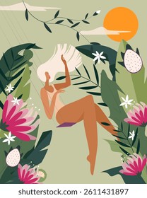 Girl riding in the garden on a swing. Colorful illustration screensaver poster with a woman in a swimsuit in the park around blooming flowers. Poster background, cover wallpaper hand drawing