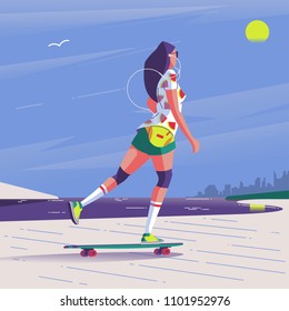 girl riding her longboard on the beach illustration