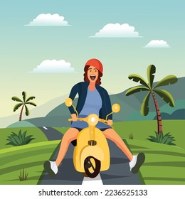 Girl riding her scooter on the road vector illustration. Young scooter girl image. Enjoying bike ride.