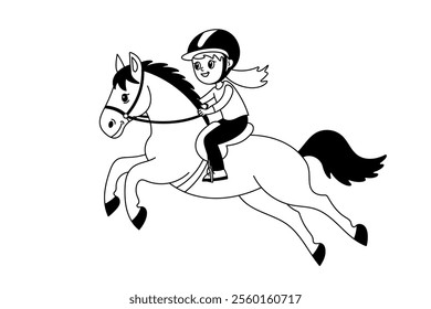 Girl riding a horse in cartoon style, wearing a helmet