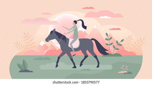 Girl riding horse as equestrian outdoors ride activity tiny person concept. Female jockey in recreation moment on romantic holidays vector illustration. Animals hobby lifestyle with stable or ranch.