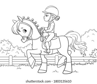 Girl riding a horse. Equestrian sport. Coloring book for children. Cartoon vector illustration.