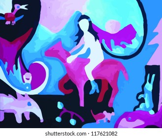 girl riding horse with many animals, blue background