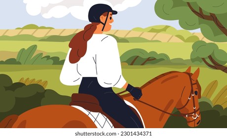 Niña montando caballo en la naturaleza. Mujer sentada en la parte de atrás del stallion, a caballo, mirando al paisaje, el paisaje de verano. Feliz caballo montado durante la caminata ecuestre en el campo. Ilustración vectorial plana