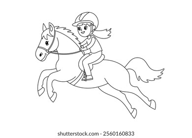 Girl riding a horse in outline style, wearing a helmet and smiling during a jump