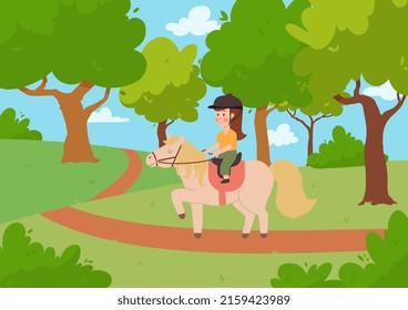 Girl riding horse in park or forest, child jockey on pony - cartoon flat vector illustration. Woods nature background with green trees. Kid rides horse in summer. Cute cartoon character.