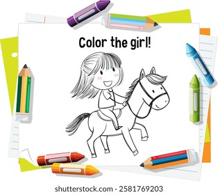 A girl riding a horse, ready to color