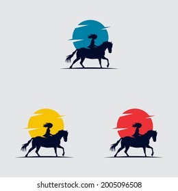 A girl riding horse in sunset