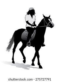 Girl riding a horse. Horse riding walk. 