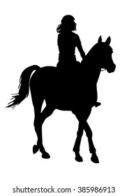 Girl riding a horse. Horse riding walk. 