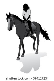 Girl riding a horse. Horse riding walk. Silhouette on a white background.