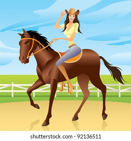 Girl Riding A Horse In Western Style  - Vector Illustration