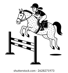 Girl riding a horse while jumping over an obstacle