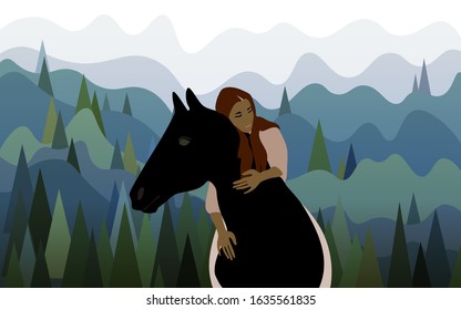 A girl riding a horse without a bridle against the backdrop of a landscape with mountains covered with spruce. Harmony with nature vector illustration. EPS10