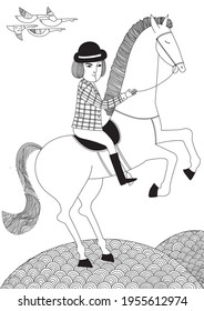Girl riding horse.Women practicing horseback riding or equestrianism. Horse riding gear and tack accessories. Jockey riding jumping horse. Black and white hand drawn vector illustration.