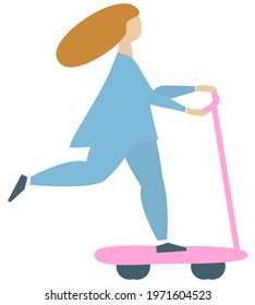 Girl riding a kick scooter. Flat style. Isolated vector illustration on white background.