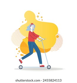 Girl riding kick scooter. Millennial character using eco transport flat vector illustration. Transportation, ecology, lifestyle concept for banner, website design or landing web page