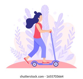 Girl riding kick scooter on white background. Cartoon full length character. Flat style vector illustration. A young girl rides outdoors in spring or summer. Graphics for landing page.Red and violet