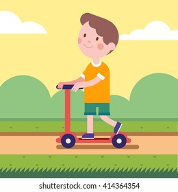 Girl riding a kick scooter on a park road. Smiling kid character. Modern flat vector illustration clipart.