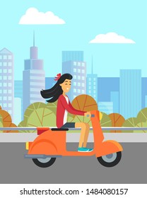 Girl riding motorbike and cityscape with skyscrapers on background. Young woman with long dark hair and on orange scooter, transportation. Vector illustration in flat cartoon style