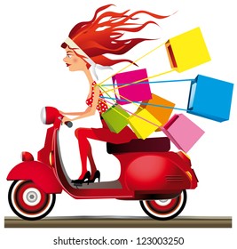 Girl riding a motorcycle carrying shopping bags