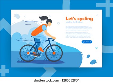 Girl riding on bicycle, flat style vector illustration. Riding in park, forest, hill. Banner, site, poster template with copy text space. Sport concept.