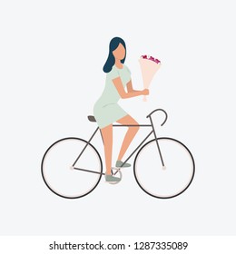 Girl riding on bicycle. Romantic, vehicle, bouquet. Can be used for topics like spring, romantic, festival