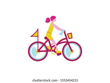 Girl is riding on bike. Pink and yellow colors. Isolated on white. 