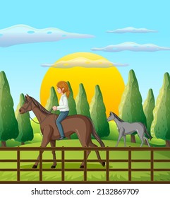 A girl riding on a horse at farm scene illustration