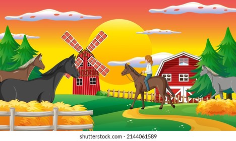 A girl riding on a horse at farm scene illustration