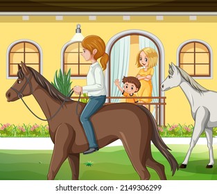 A girl riding on a horse at farm scene illustration