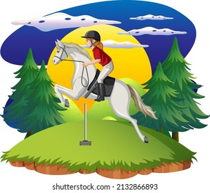 A girl riding on a horse at natural scene illustration