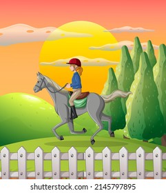 A girl riding on a horse at natural scene illustration