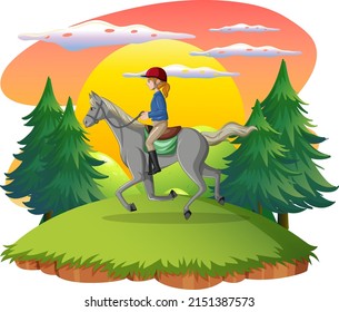 A girl riding on a horse at natural scene illustration