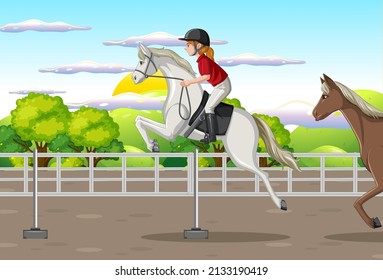 Una niña montada sobre un caballo en una ilustración de un hipódromo