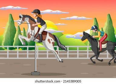 A girl riding on a horse at racecourse scene illustration