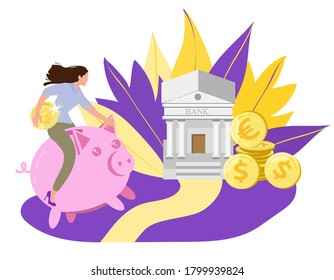 Girl riding on a piggy bank. The concept of saving money in the bank.Financial literacy, investment.For website.